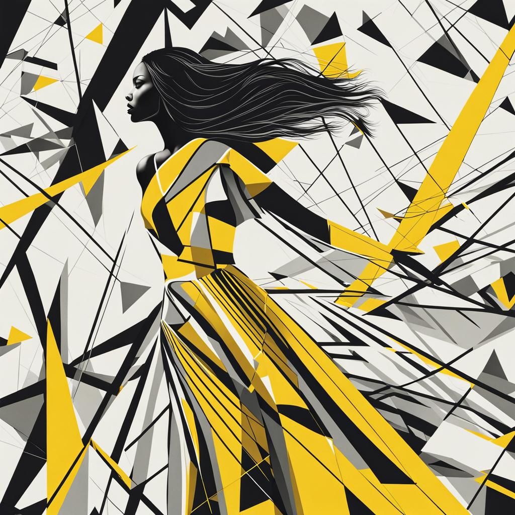 Minimalist Fine Line Art: Confident Woman in Geometric Dress