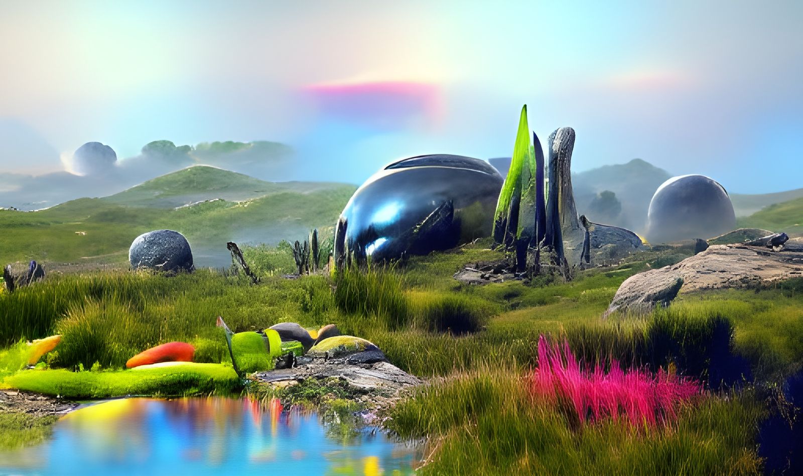 Metallic spaceship parked on an alien world