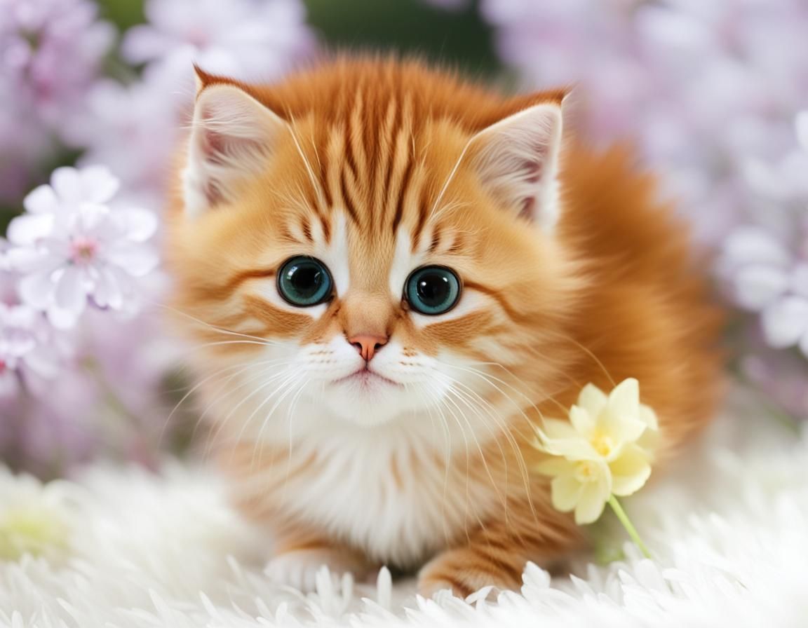 A supercute little kiten sitting on the grass  with flowers ...
