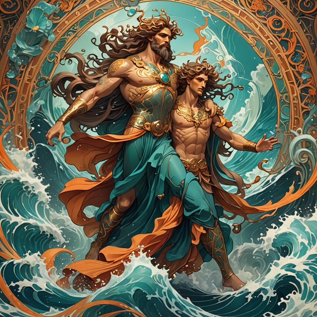 Triton & Poseidon son Art nouveau emperial imperial runway swirling water #d8e7e7 #dde2d6 #dfddd7 #97c1a1 #76c1b2 #1a7f8...