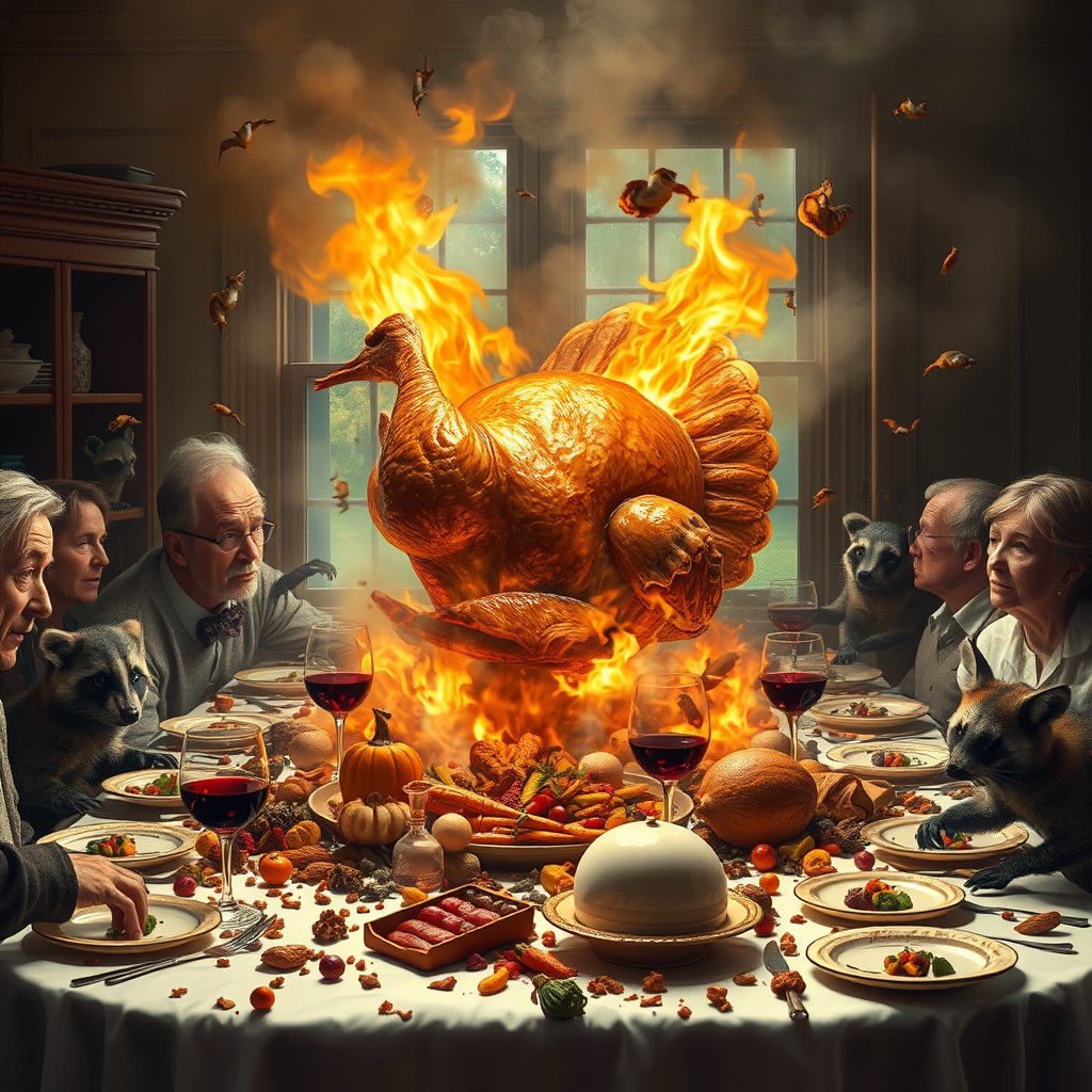 A turkey that’s caught on fire in the oven, with smoke billowing and guests panicking.
A dining table in disarray, with ...