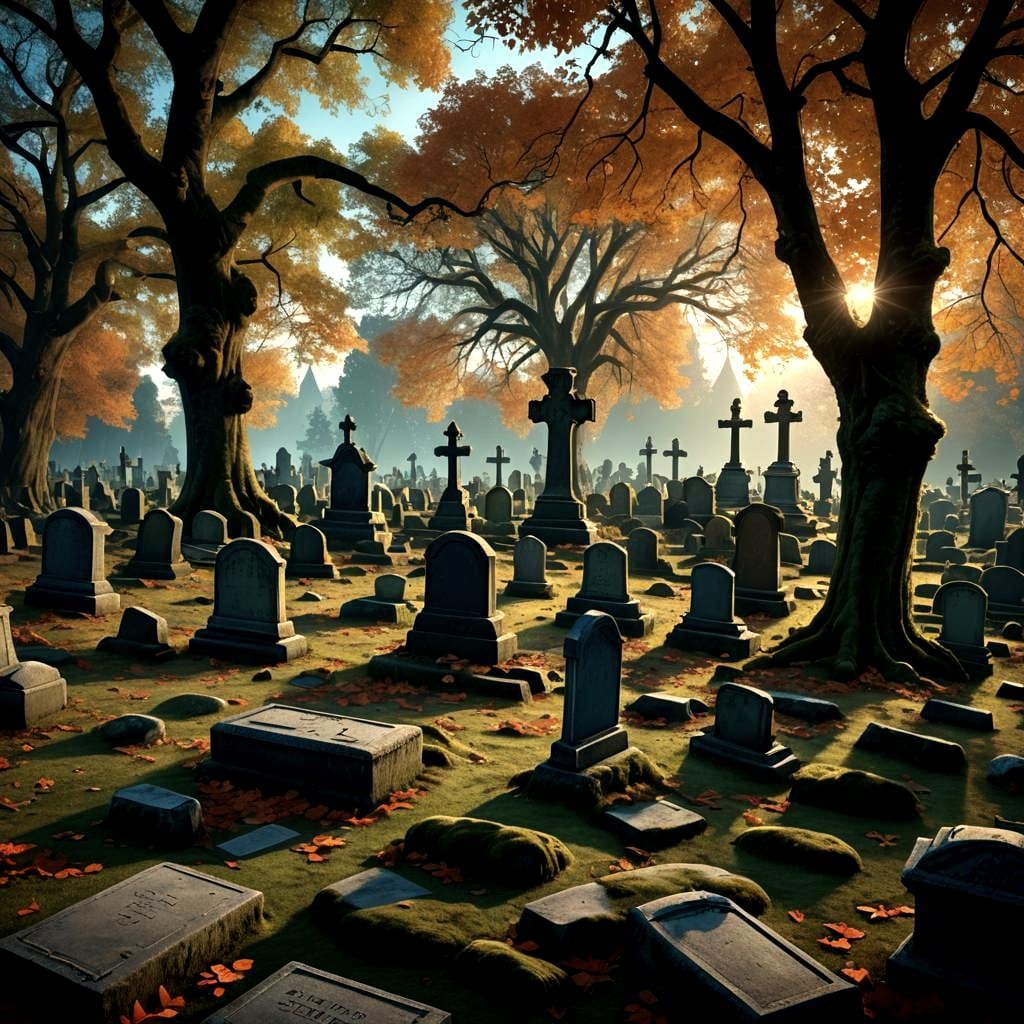 A hyperrealistic old fashioned graveyard with tombstones and moss and autumn leaves.