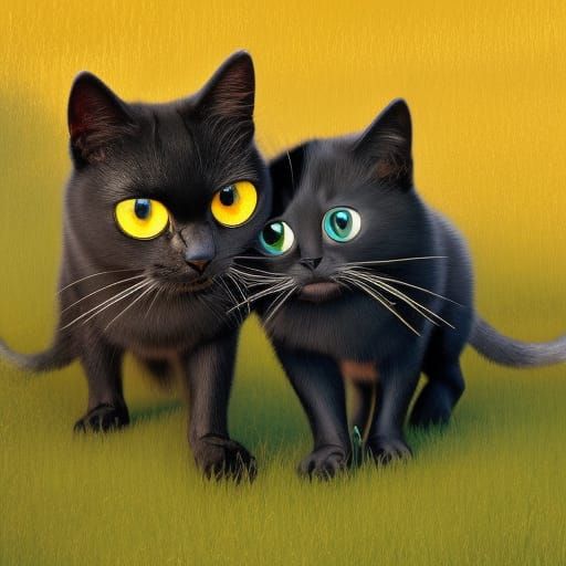 cute family black cats with colorful sueters, pants and hats knitted style, yellow eyes, big eyes, , garden backgraound,...