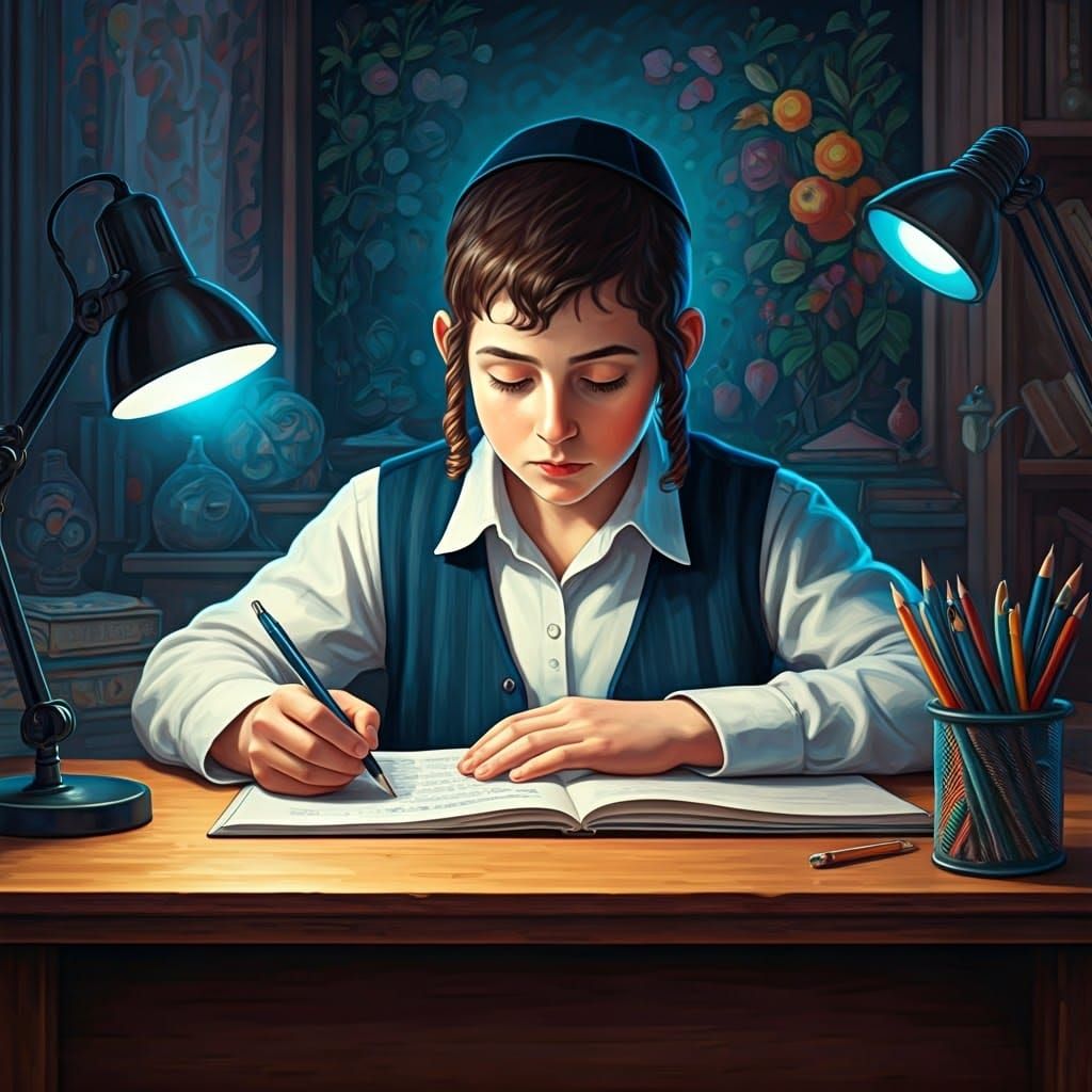 Serene Jewish Boy Studies Amidst Vibrant Neon and Soft Light