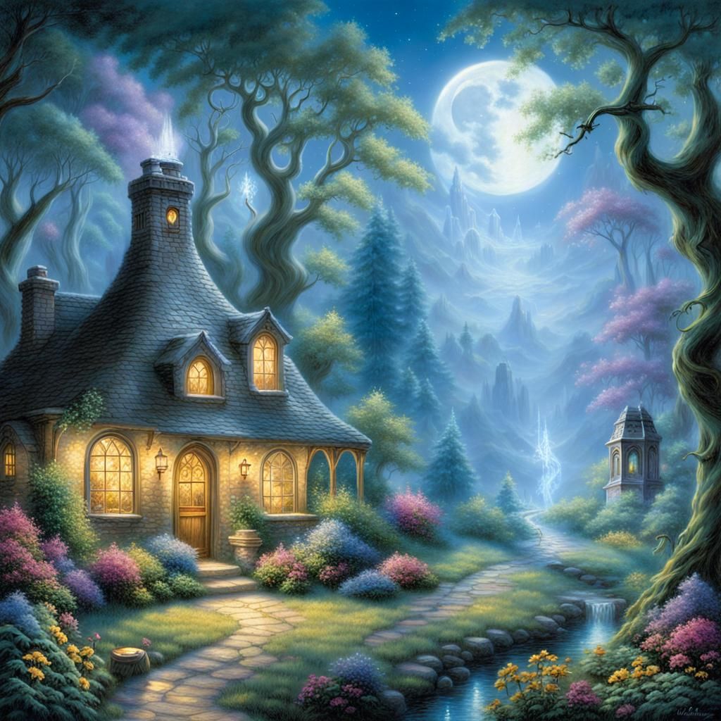 Imaginative scenes featuring alchemical experiments and rituals, such as a wizard brewing potions in a hidden forest gla...