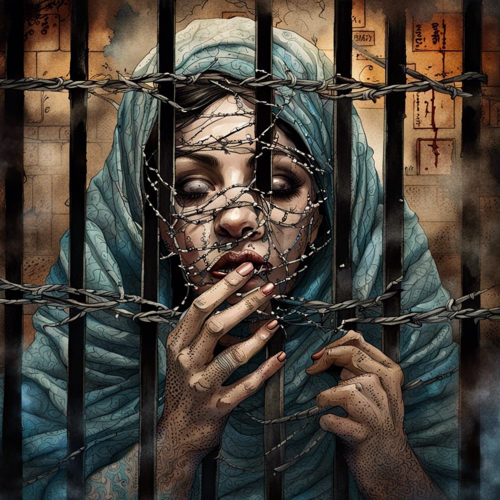 Storybook illustration Mahsa Amini 
face covered with cockade her mouth sewn with barbed wire, behind jail bars, intrica...