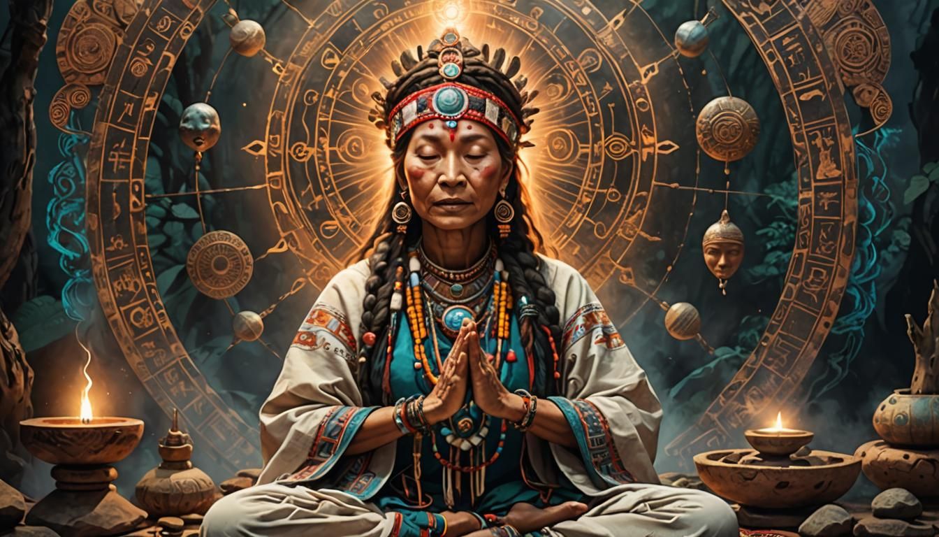 female shaman within meditation, transcending consciousness,...