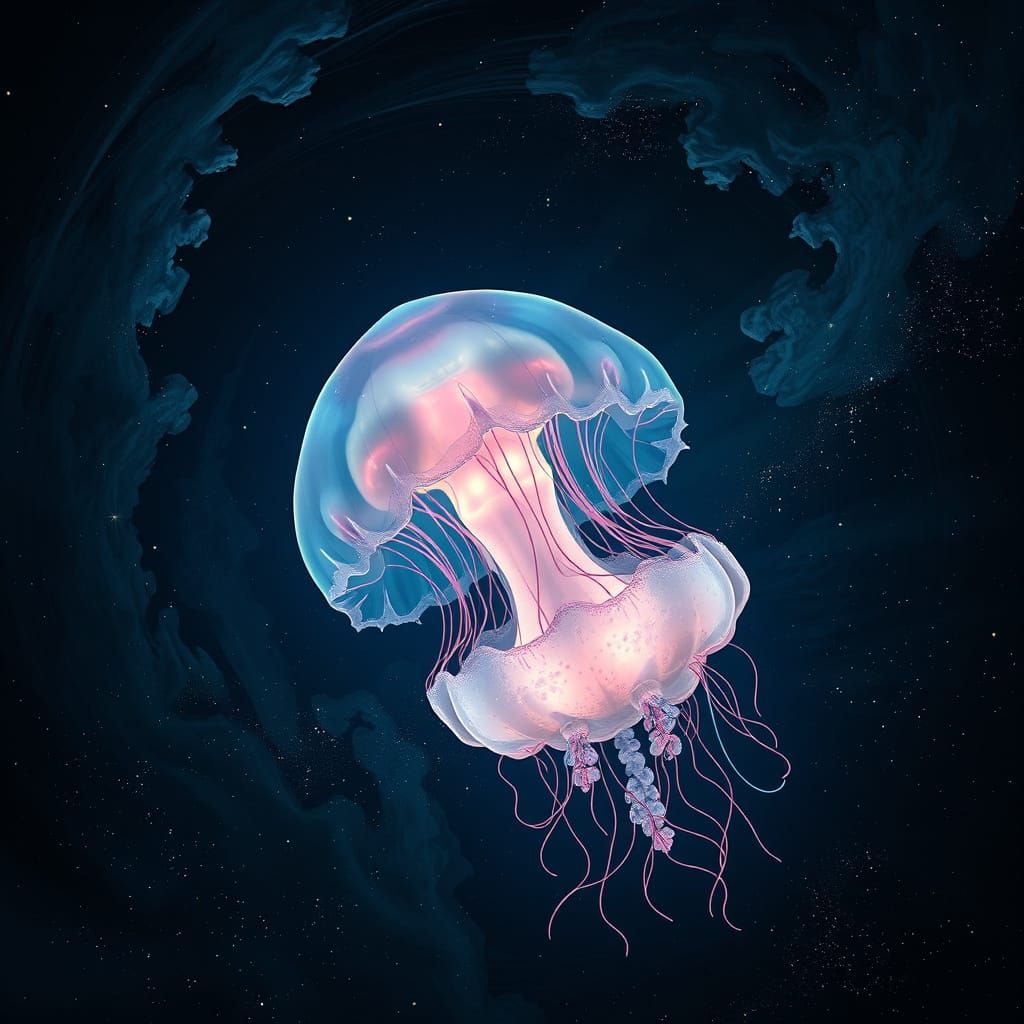 A bioluminescent jellyfish drifts through the inky blackness of space, its bell pulsating with soft, ethereal light. The jellyfish is surrou...
