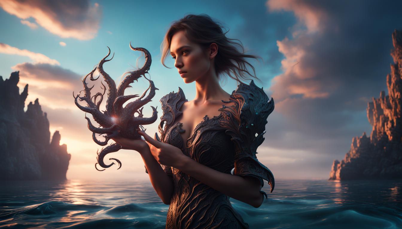 model holds a sea in her hand close up