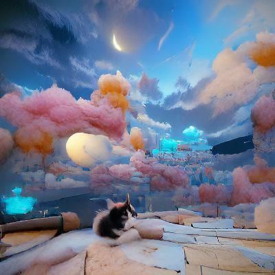 Pastel, clouds, night sky, kitten, cute