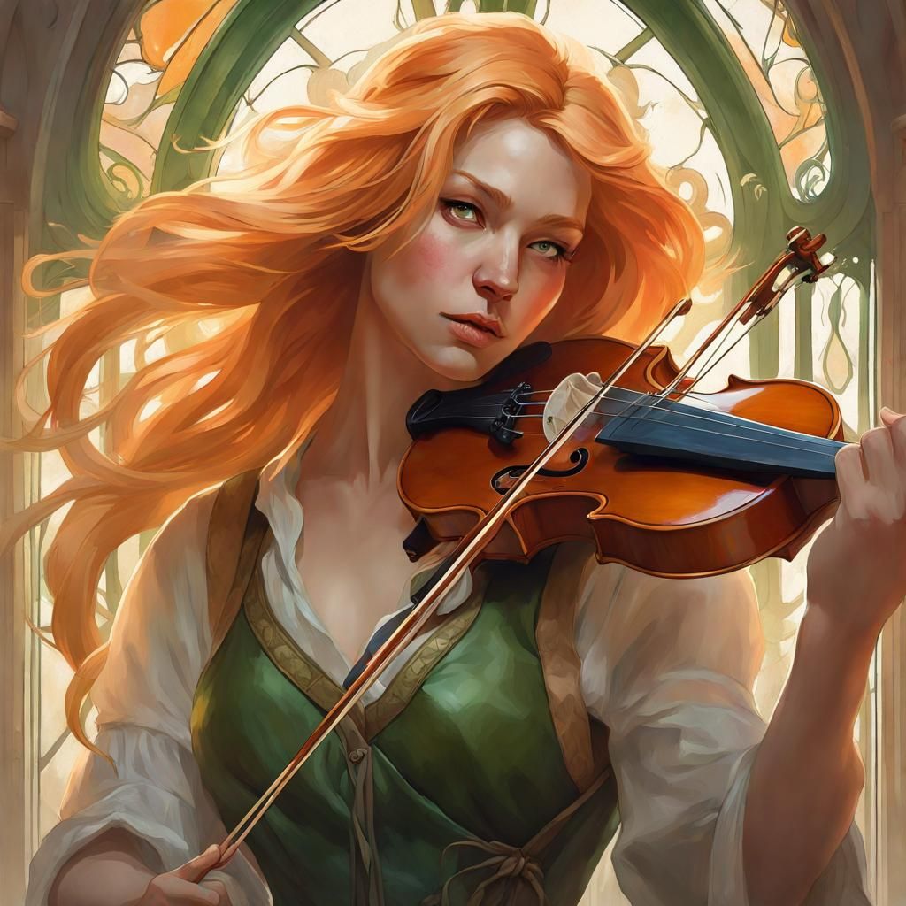 a bard playing violon, she has light orange haire and green eyes