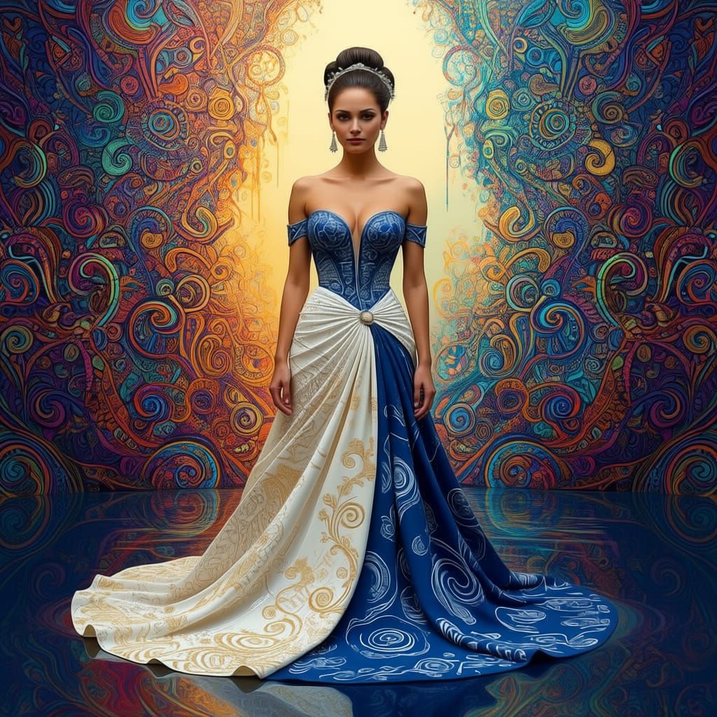 Make the woman with extremly long wavy red hair. Make the gown hyperdetailed with zentangle patterns and fractals patterns