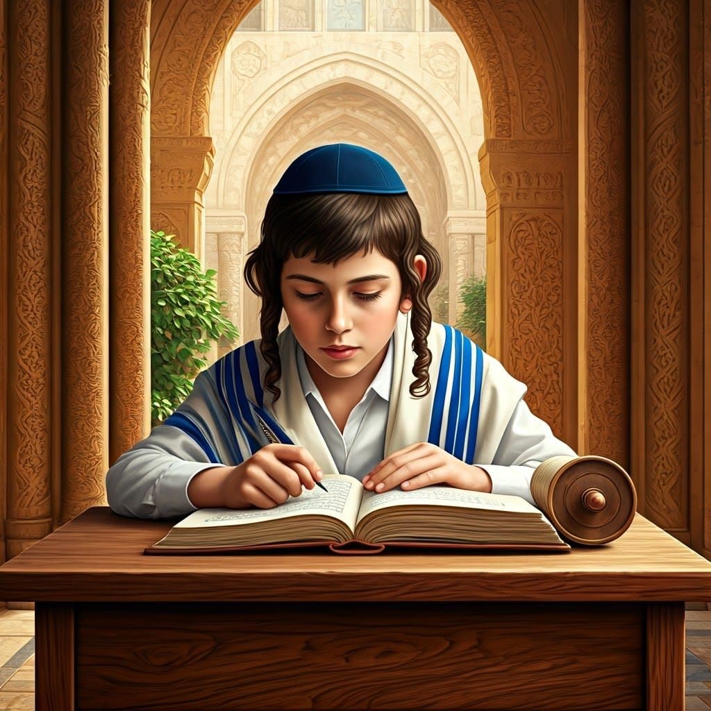 Young Jewish Boy Studies Torah in Ancient Synagogue Courtyar...