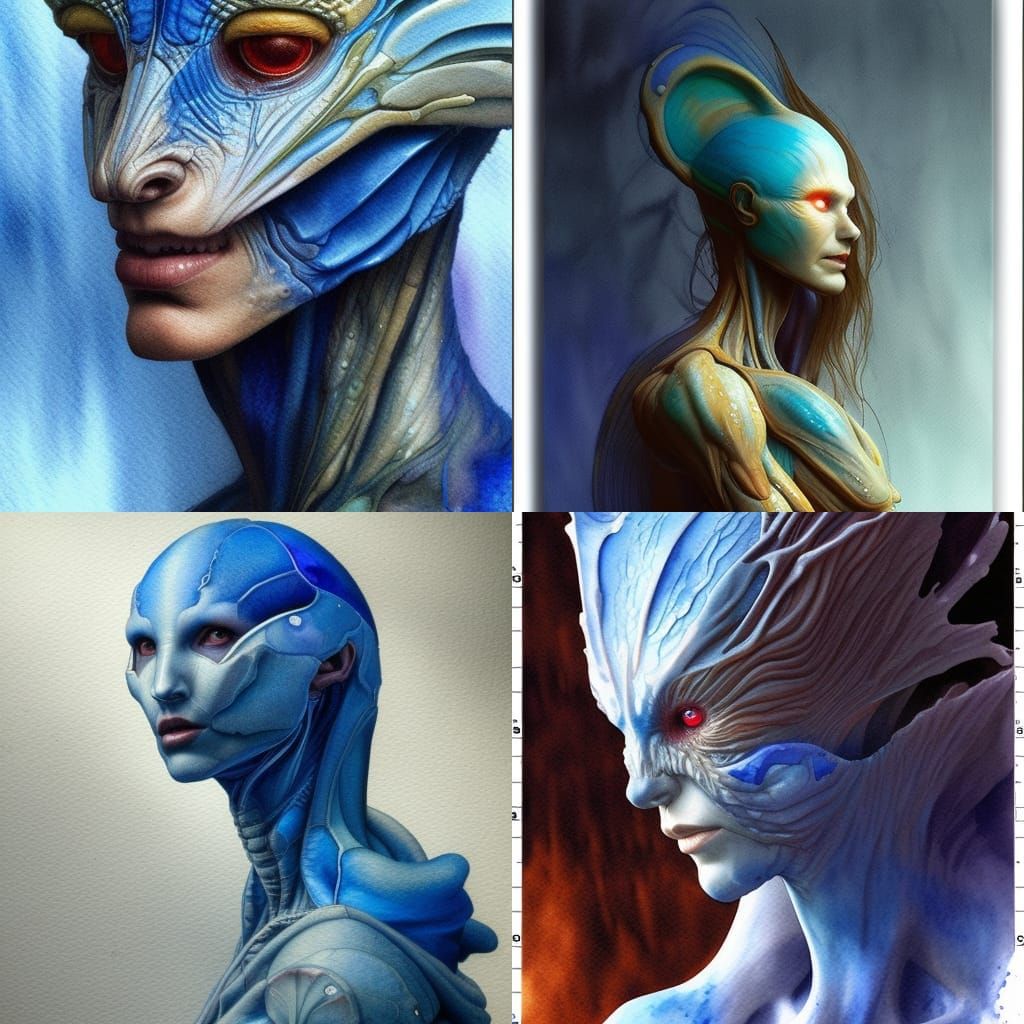 Gills, beaked, humanoid, blue fur, augmented synthoid portrait hyperdetailed artgerm watercolor sharp focus 16K resoluti...