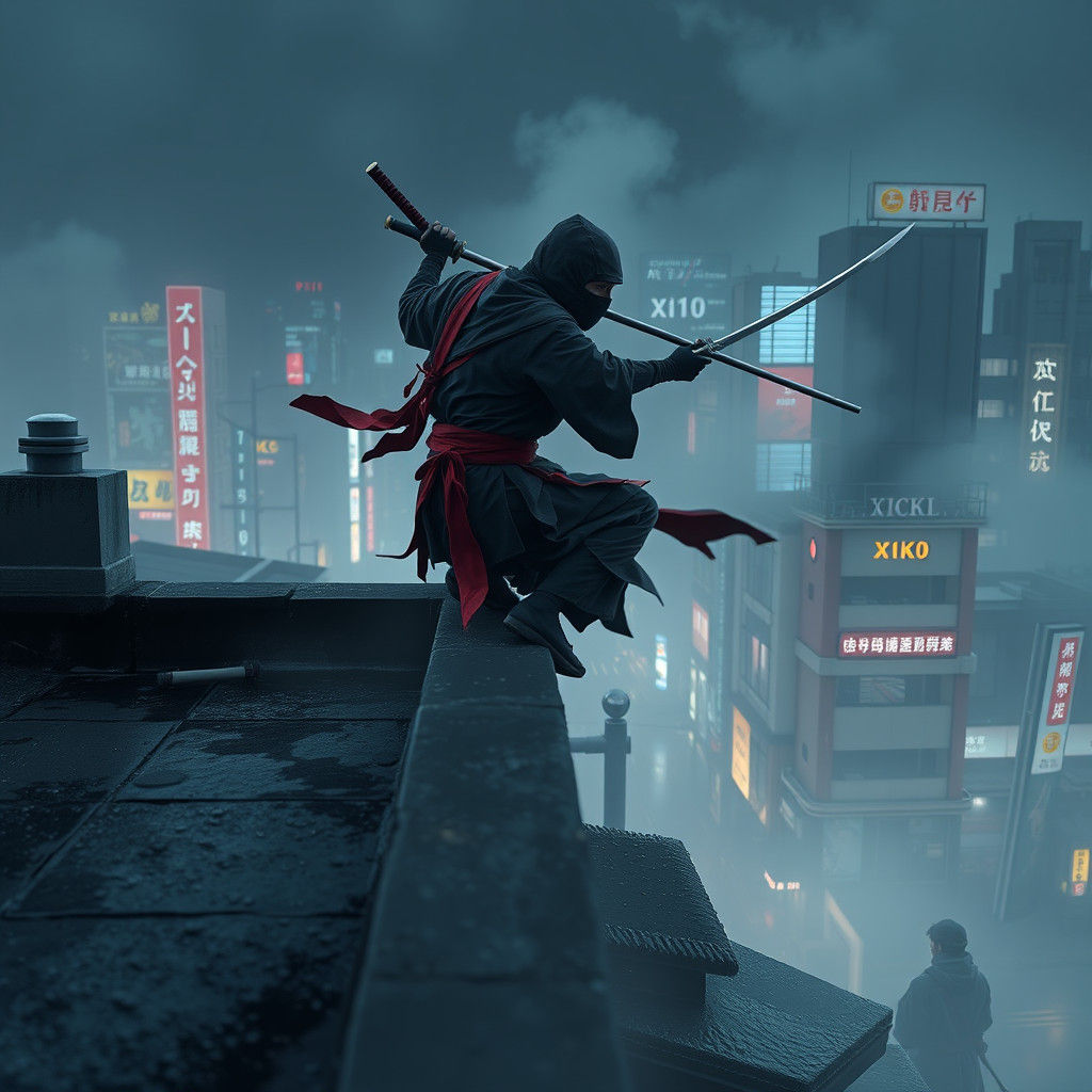 Ninja In the dead of night performing an assassination