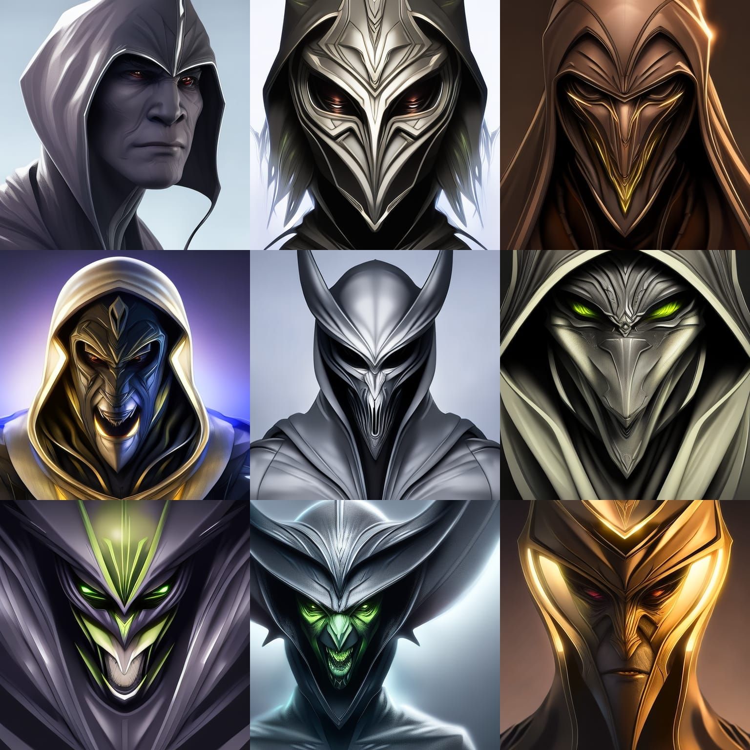 hooded alien creature made of glowing latex making a goofy face at some humans head and shoulders portrait, 8k resolutio...