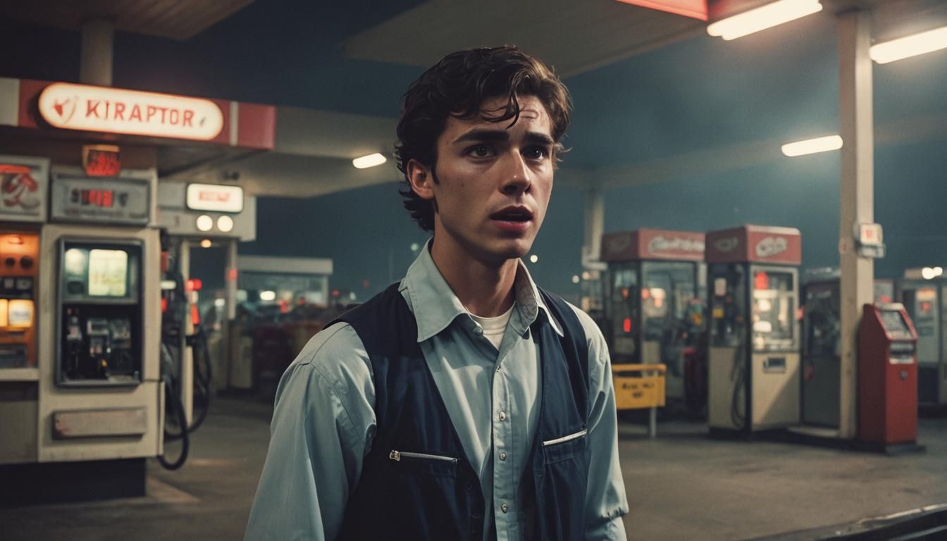 A teenage male brunette gas station attendant, terrified of a dangerous customer, scary, spooky