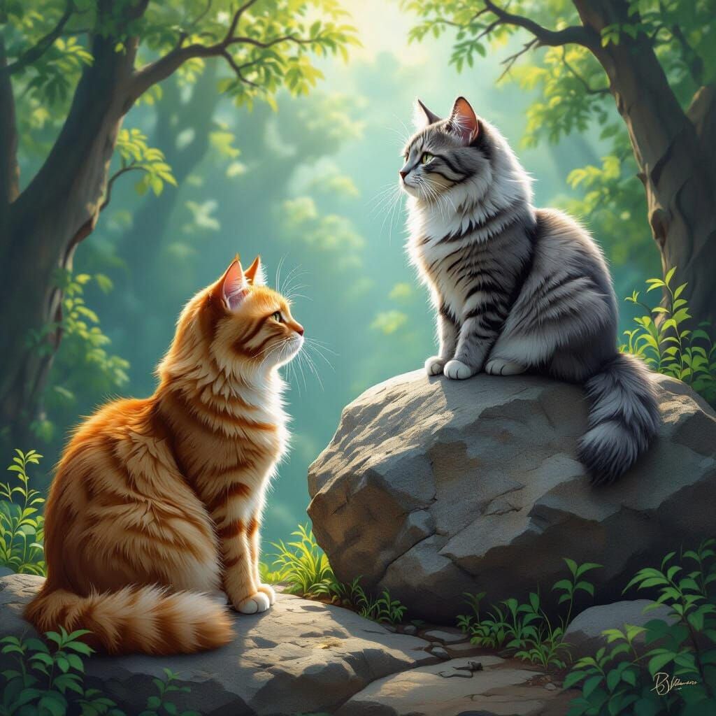 Majestic Female Cat Overlooks Adoring Ginger Cat in Forest