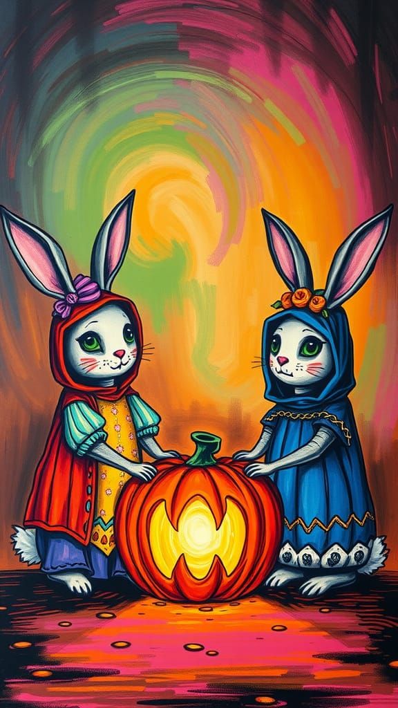 Kids Crayon drawings ,surreal child's drawing  of  bunny family celebrating Halloween  rayograph Man Ray collection of r...