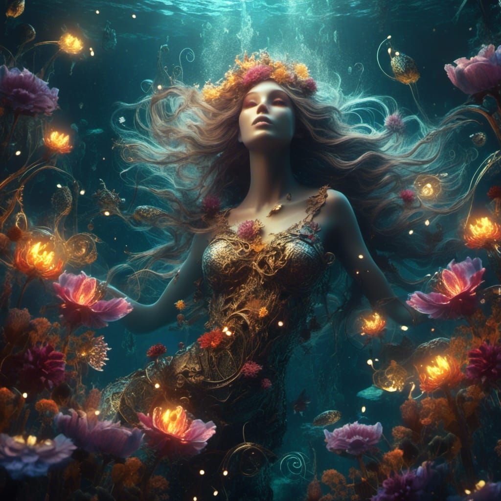 Glowing Mermaid in a Sea of Flowers