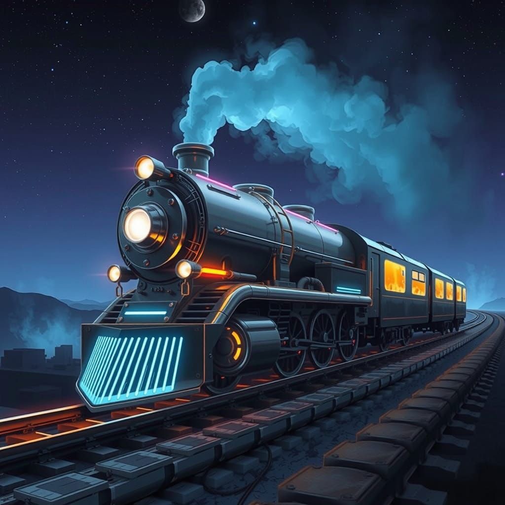 Majestic Futuristic Train in Dark, Atmospheric Cityscape
