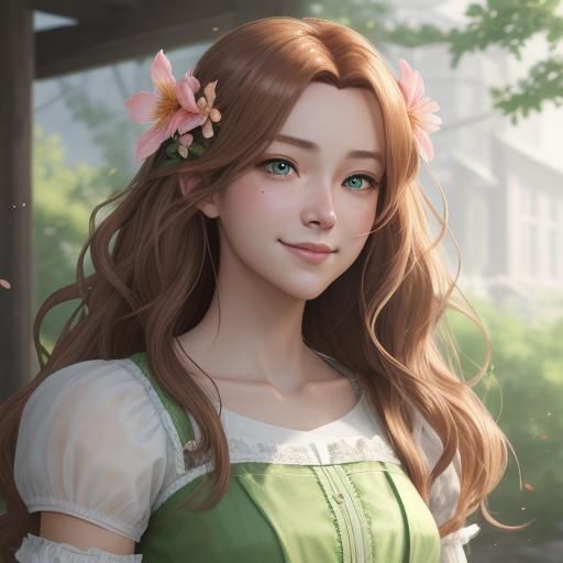 A portrait of a young, beautiful girl with a radiant smile. She has long, wavy chestnut hair framing her angelic face, a...