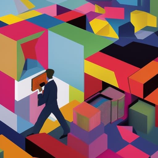 An explosion of colour occurs between a cube and a man reading his book. Hyperdetailed, cubist, 3d shading.