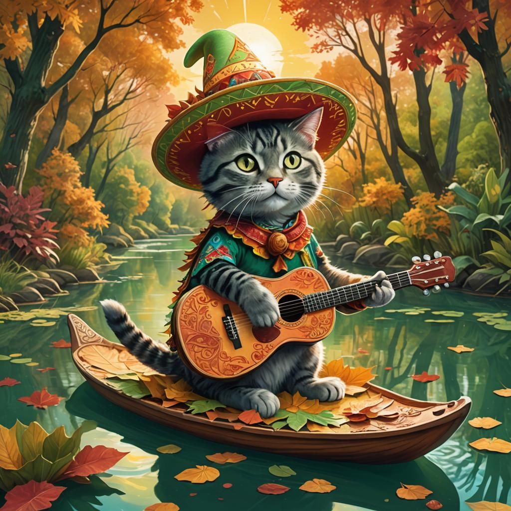 A cat with a large Mexican sombrero hat on his head, sits in a leaf boat floating on the green river and plays the guita...