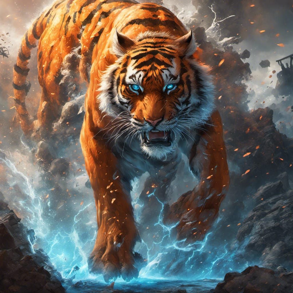 Tiger, blue eyes, stalking, tanks, explosions, 8k resolution, fantasy concept art, dynamic lighting, hyper and intricate...
