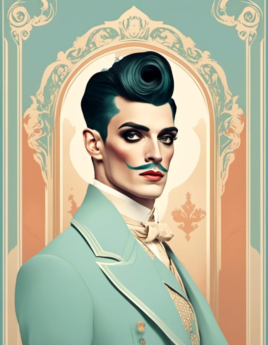 A poster for a Victorian dandy drag king from a Wes Anderson movie in subtle colors in the style of <lora:Drag Posters:1...