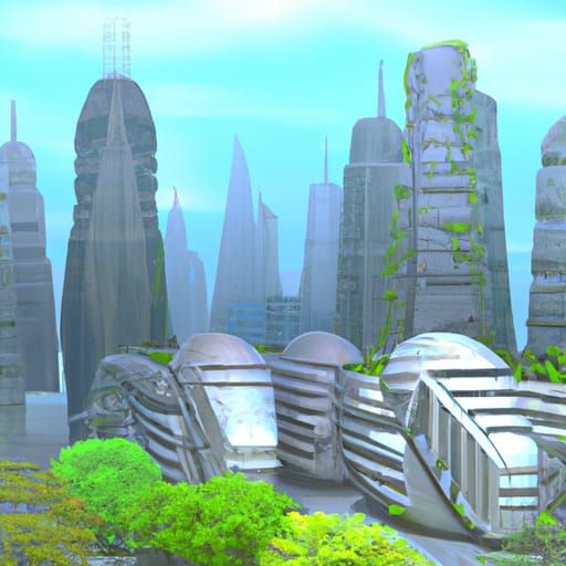 City overgrown with plants 100 years in the future
