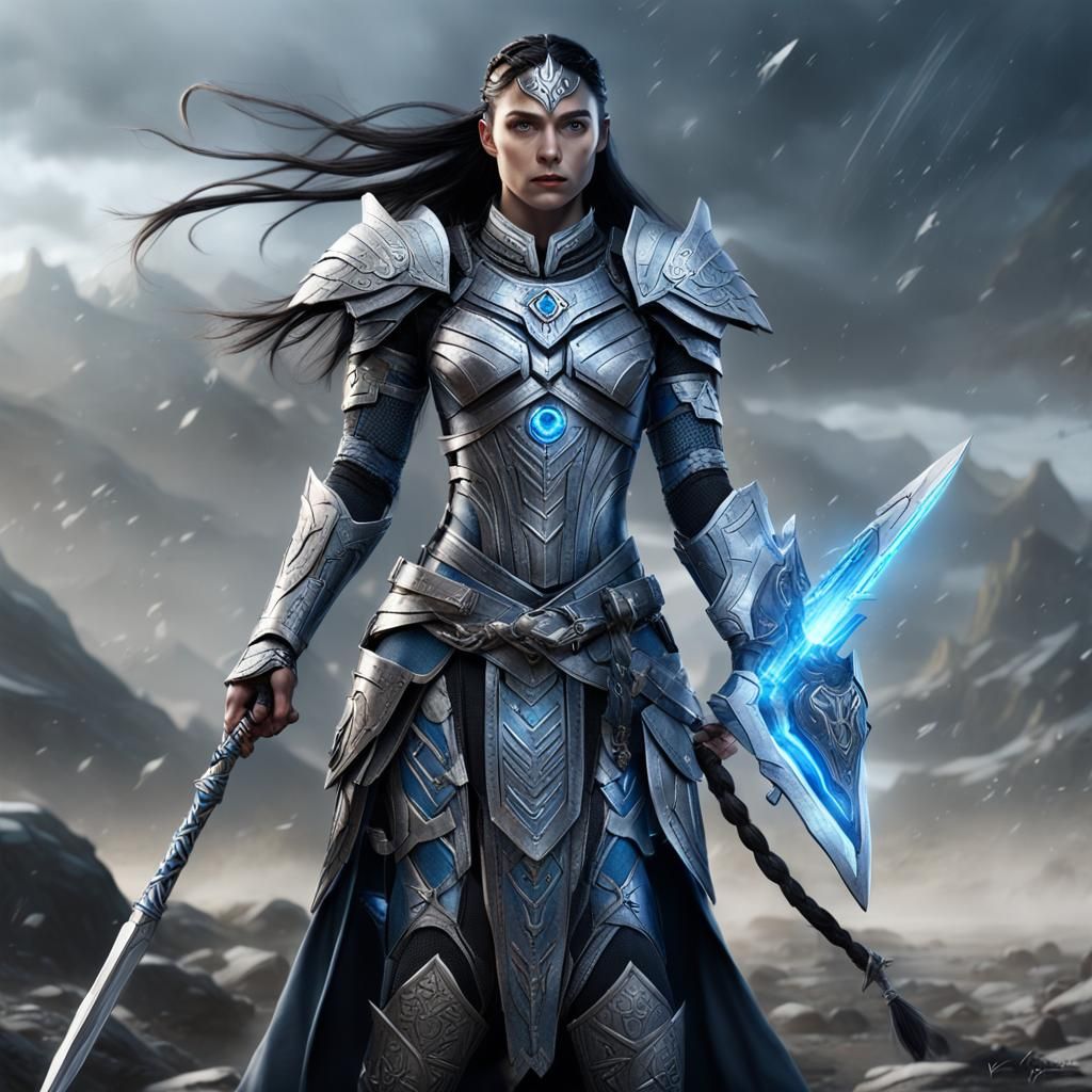 tall, pale, strong jawed woman. tribal markings, long black braided hair, full suit metal armor silver, dark grey eyes, ...
