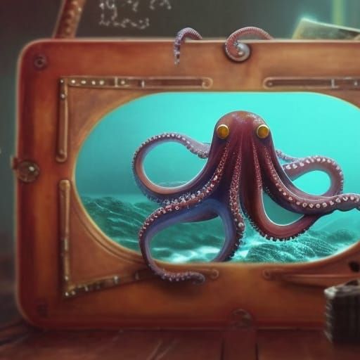 Realistic octopus crawling out of a box on the ocean floor