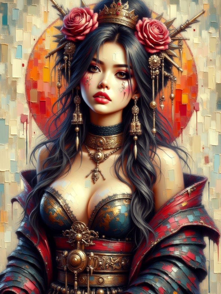 <lora:HRH-oil-and-grunge:1.0> Beautiful hyper detailed,  curvy biker geisha , oil and watercolour, grunge