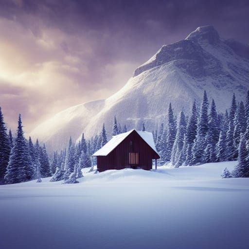 A small cabin on top of a snowy mountain