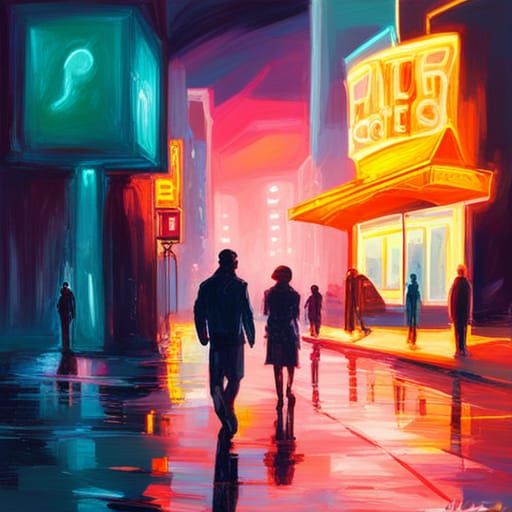 Friends at a coffee shop ; neon Pluto billboard ; in blade runner movie outer space