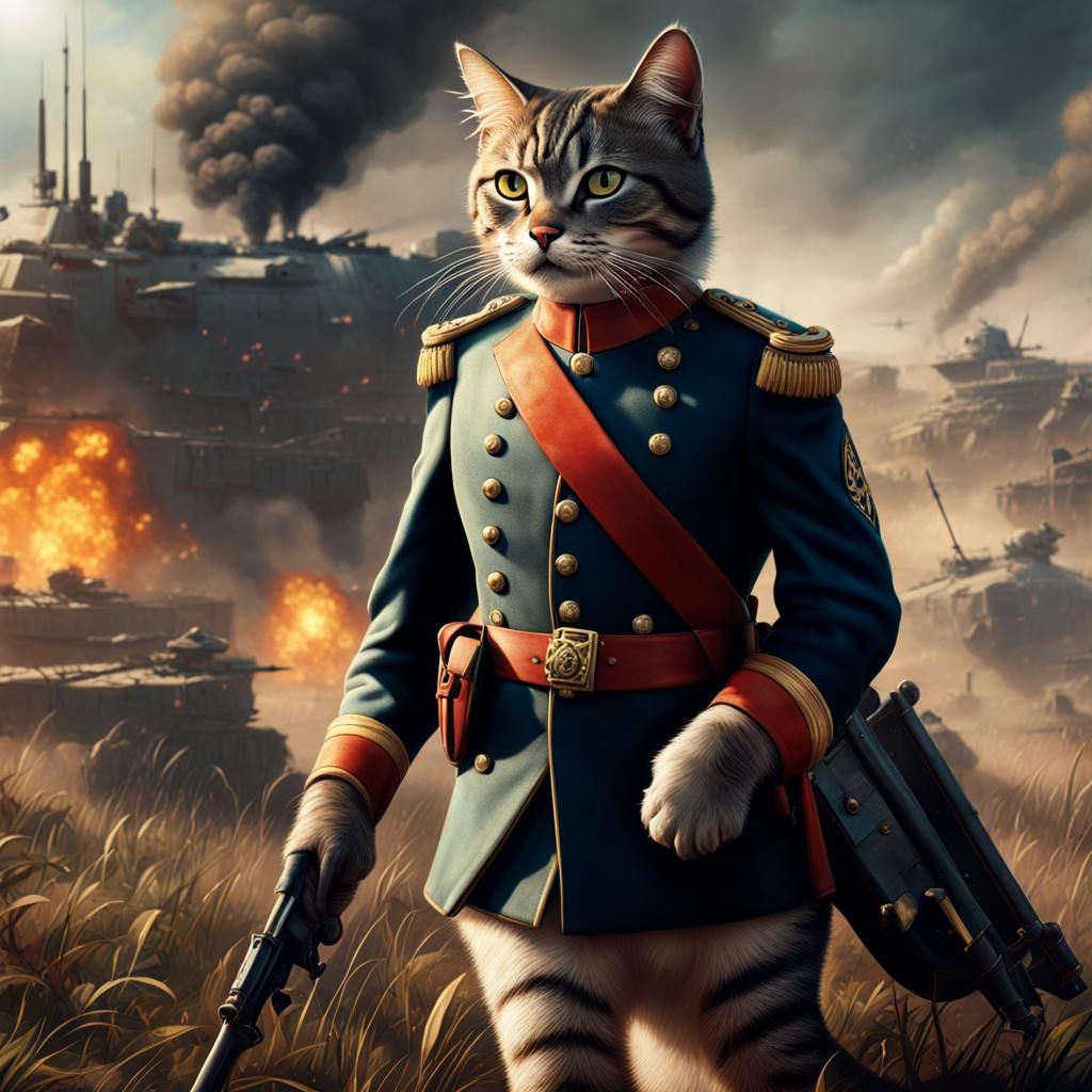 atarmamomorphic cat in a soldier's uniform on the battlefield in the war of the year 1990