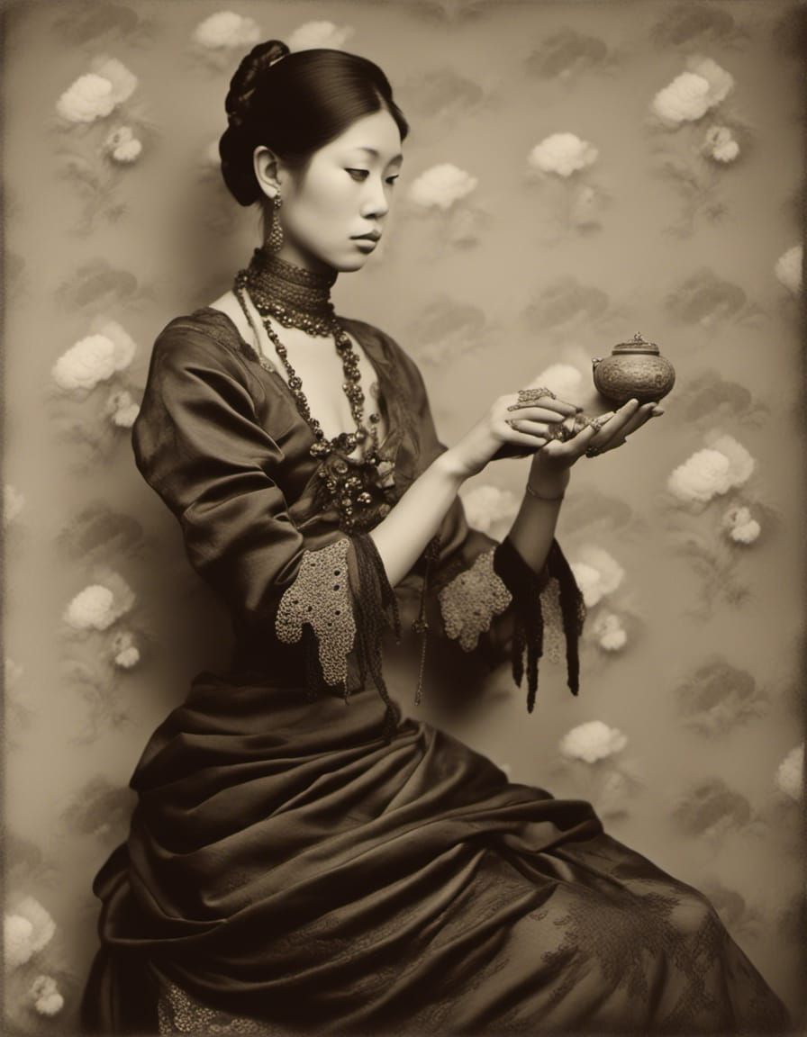 <lora:trying again:1.0> <lora:my surreal:1.0>  Thai woman in the 1800’s in traditional dress with beautiful hands, wall ...