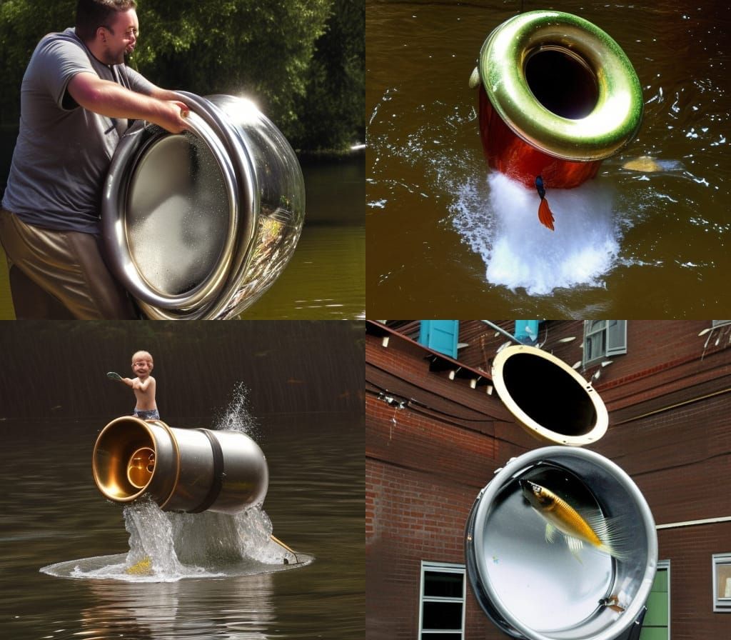 fish jumping from tuba full of water