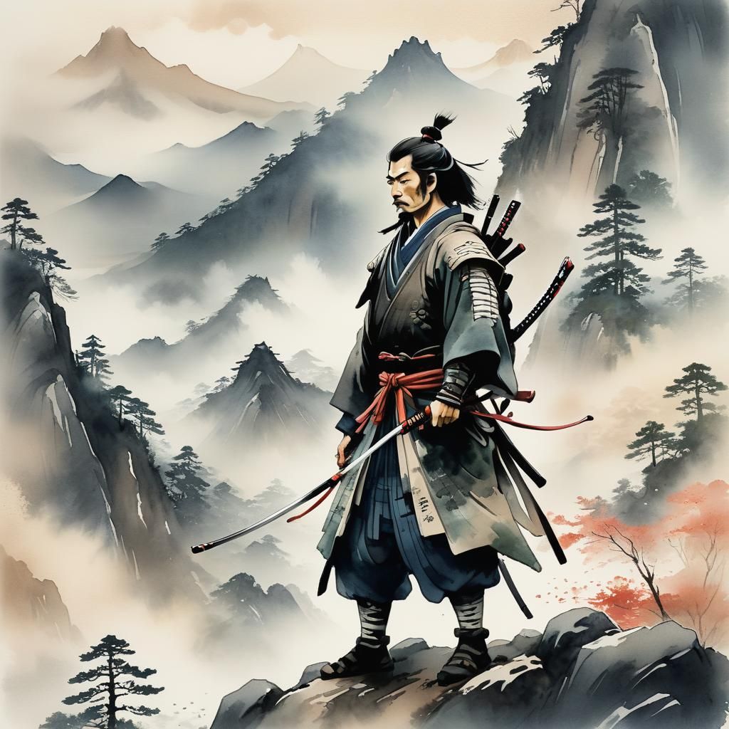 Samurai Archer on Misty Peak: Japanese Watercolor Art