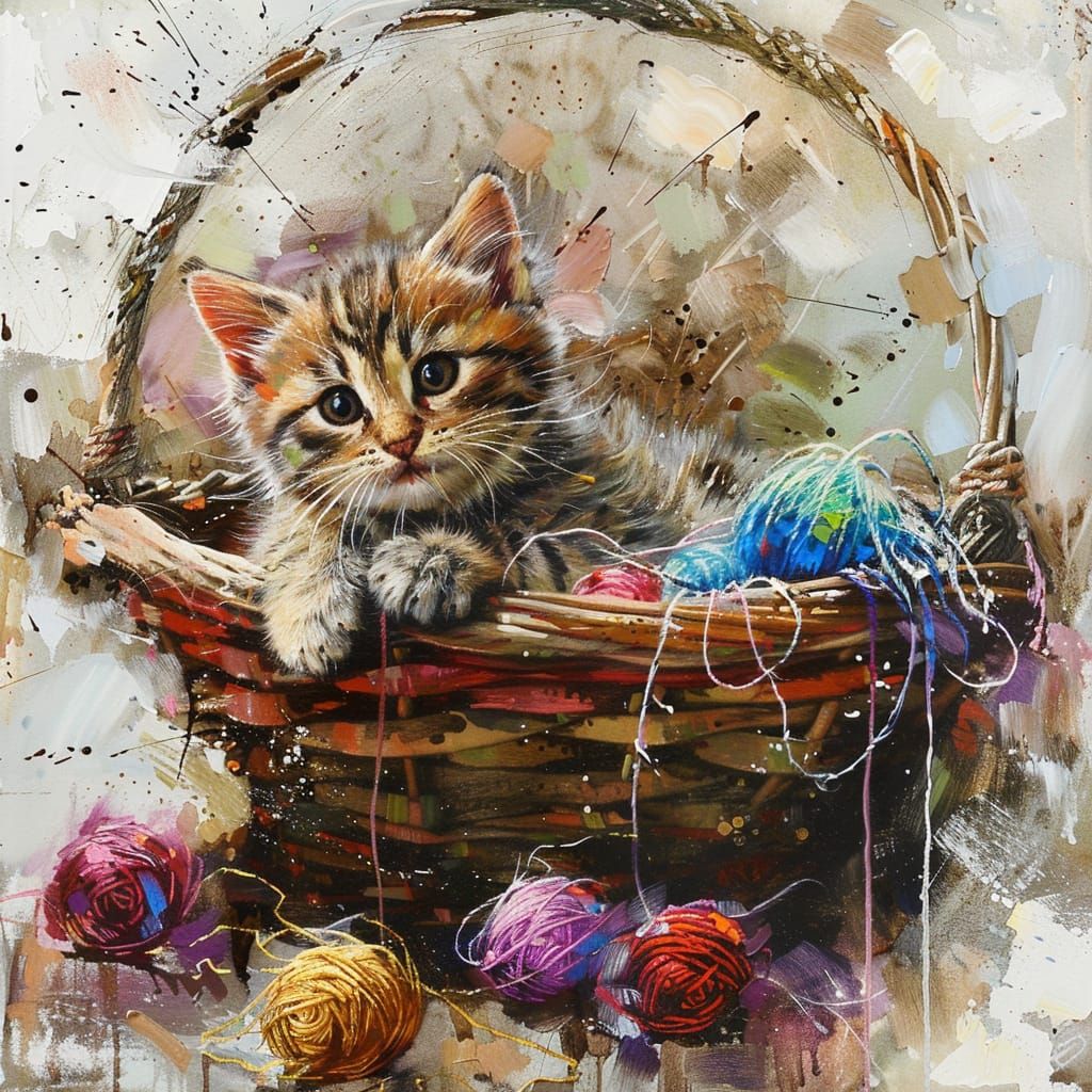 Kitten in Basket of Yarn