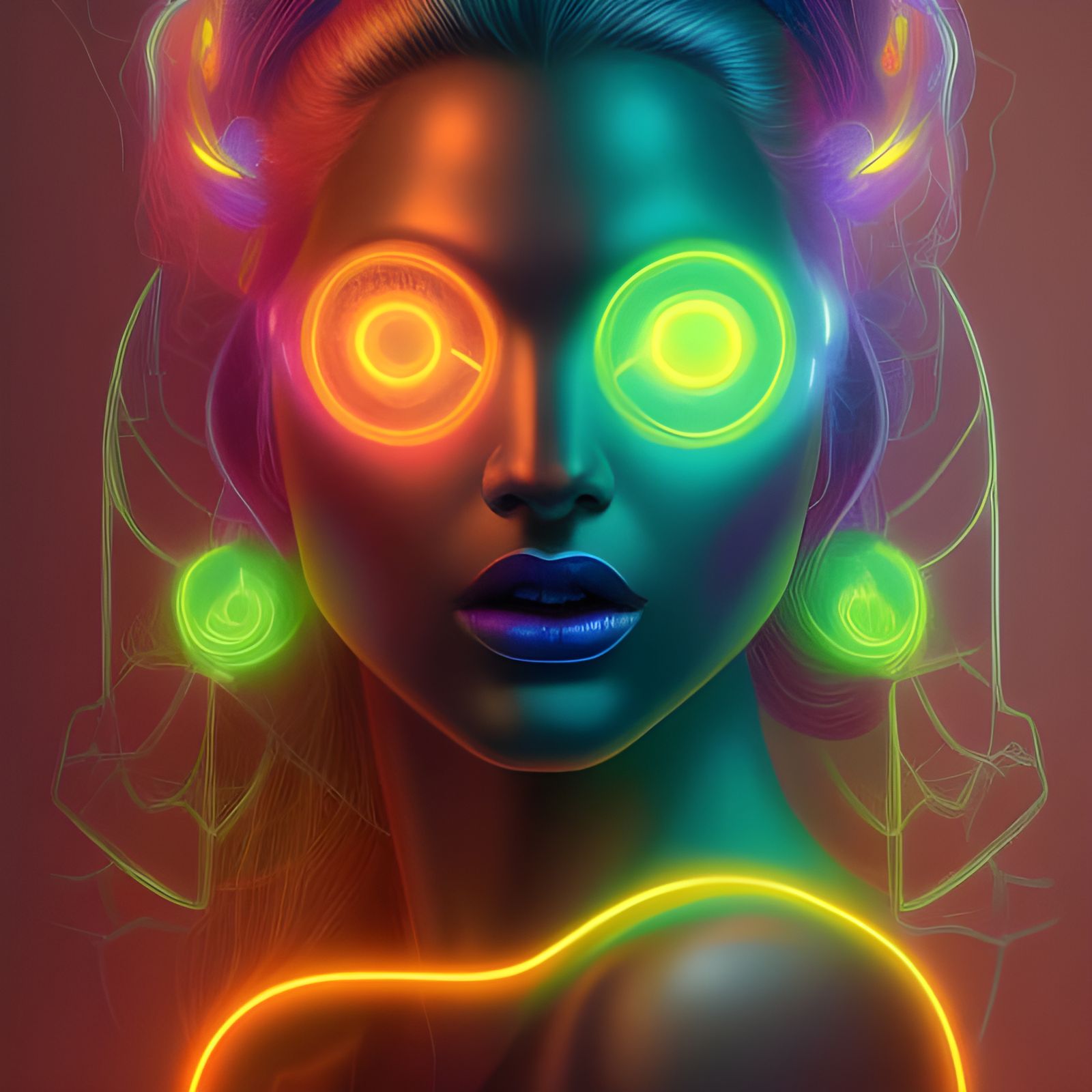 intricately detailed electric neon lightning portrait of a face with many expansion of neon, long wild neon lit cloudy s...