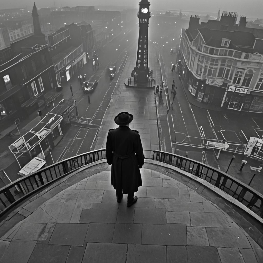 High Perspective. Tower Pier Walkway British Film Noir. Black And White 