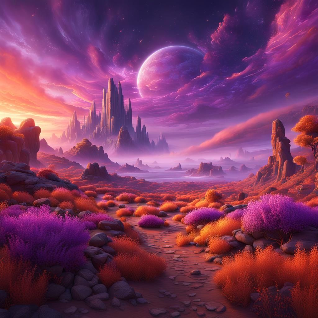 Imagine the sumptuous scene of an incredible sky with beautiful light violet and orange colors, magical landscape all ar...