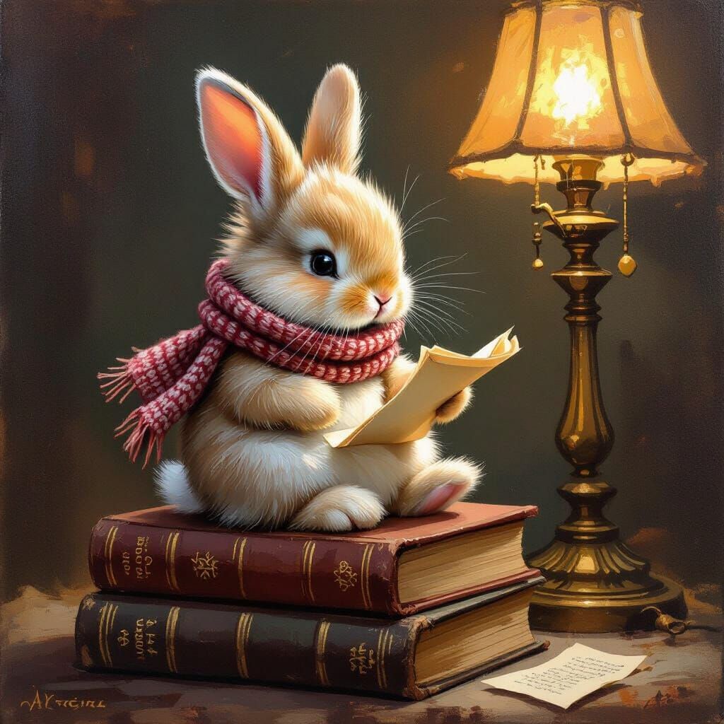 A charming scene of a fluffy bunny wearing a tiny, hand-knitted scarf, sitting on a stack of oversized, ...  by @Hanaa