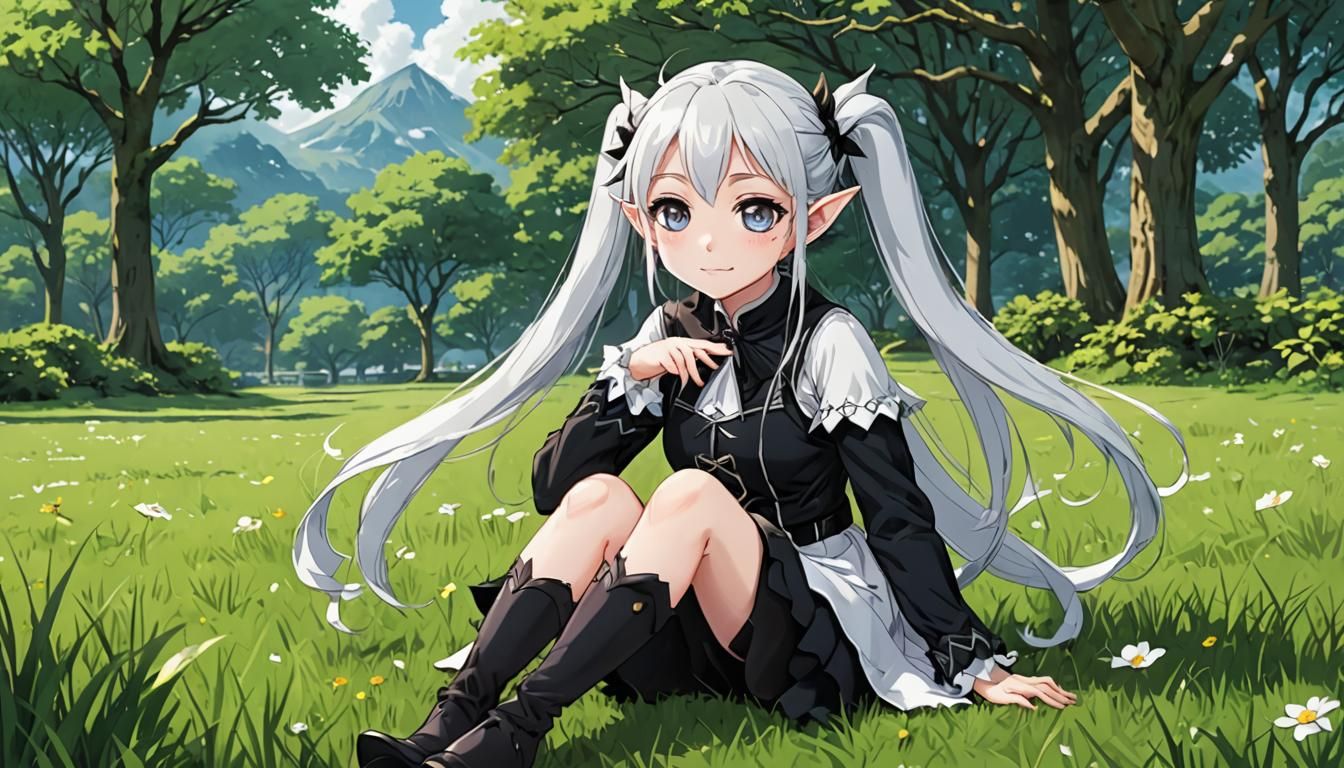Anime Elf Girl in Gothic Costume on Grass