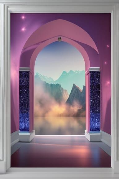 Framed picture of a hallway leading to a mountain lake