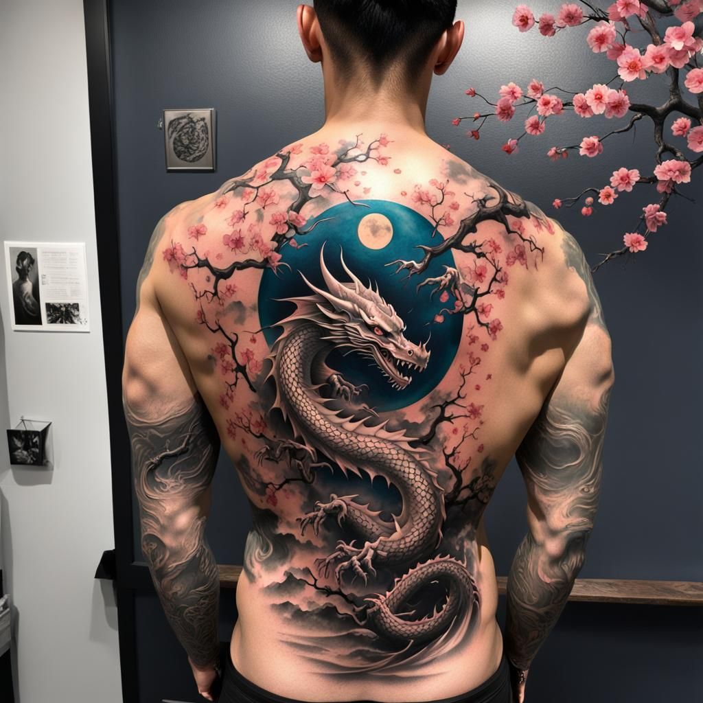 featuring a dragon with limbs seamlessly transitioning into cherry blossom branches