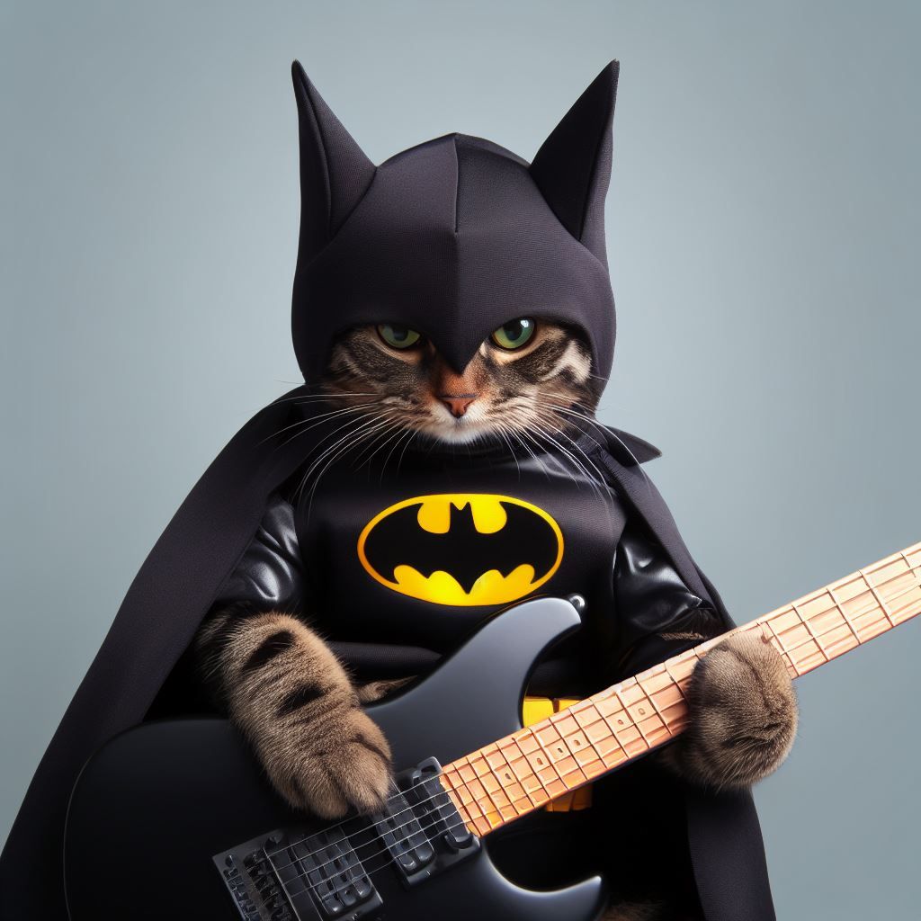cat guitarist wearing batman costume