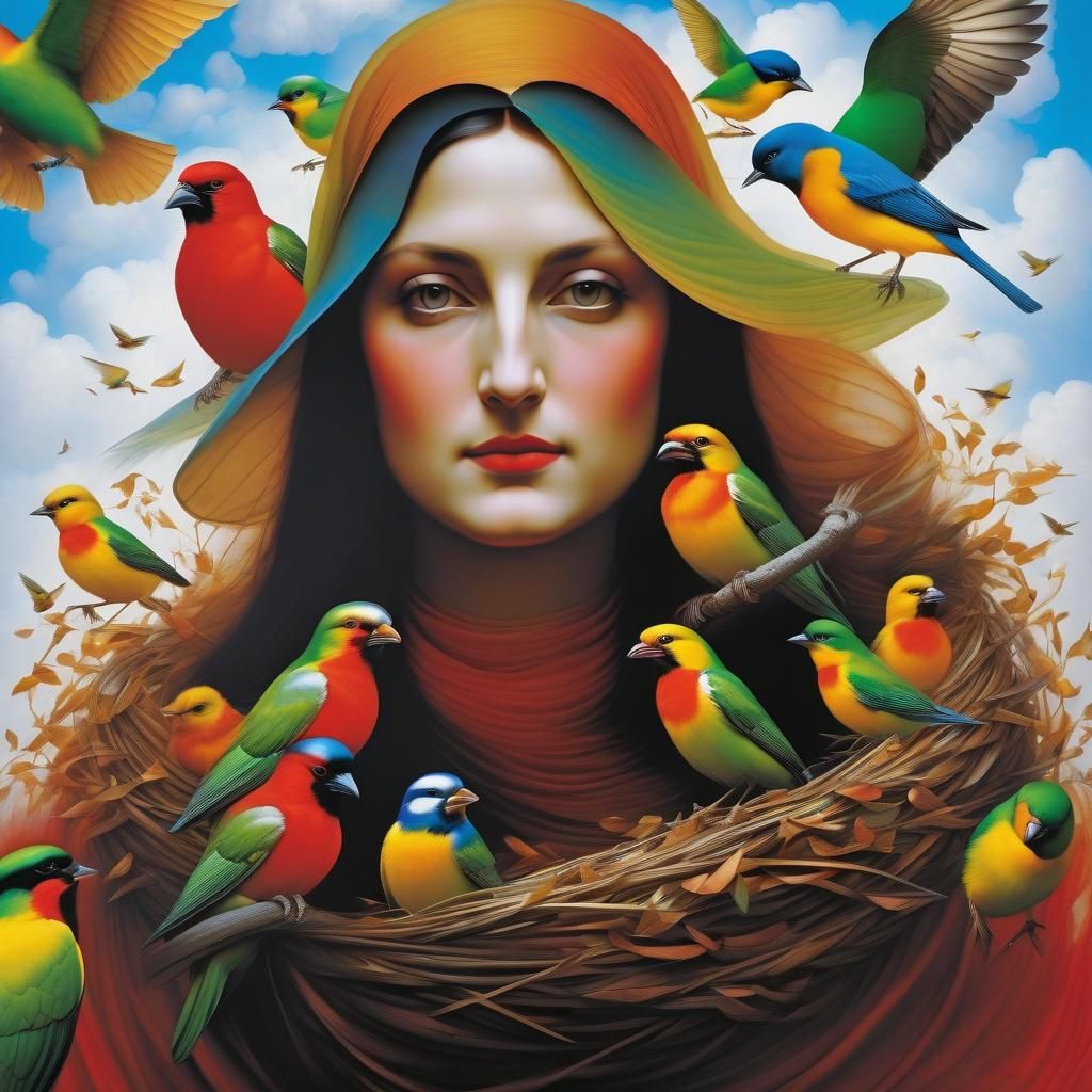 Mona Lisa's nest of the birds made of clouds : (Colorful!!! Red yellow orange green little birds' family nesting around ...